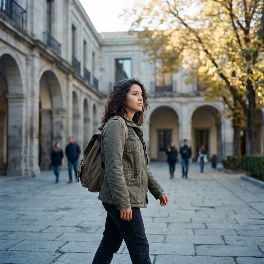 Estudiante latinoamericana caminando por un patio universitario en Madrid, España